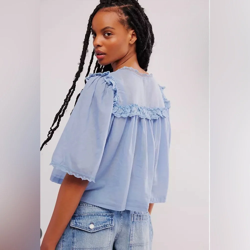 Free People Light Blue Ruffled Blouse - Picture 2 of 11